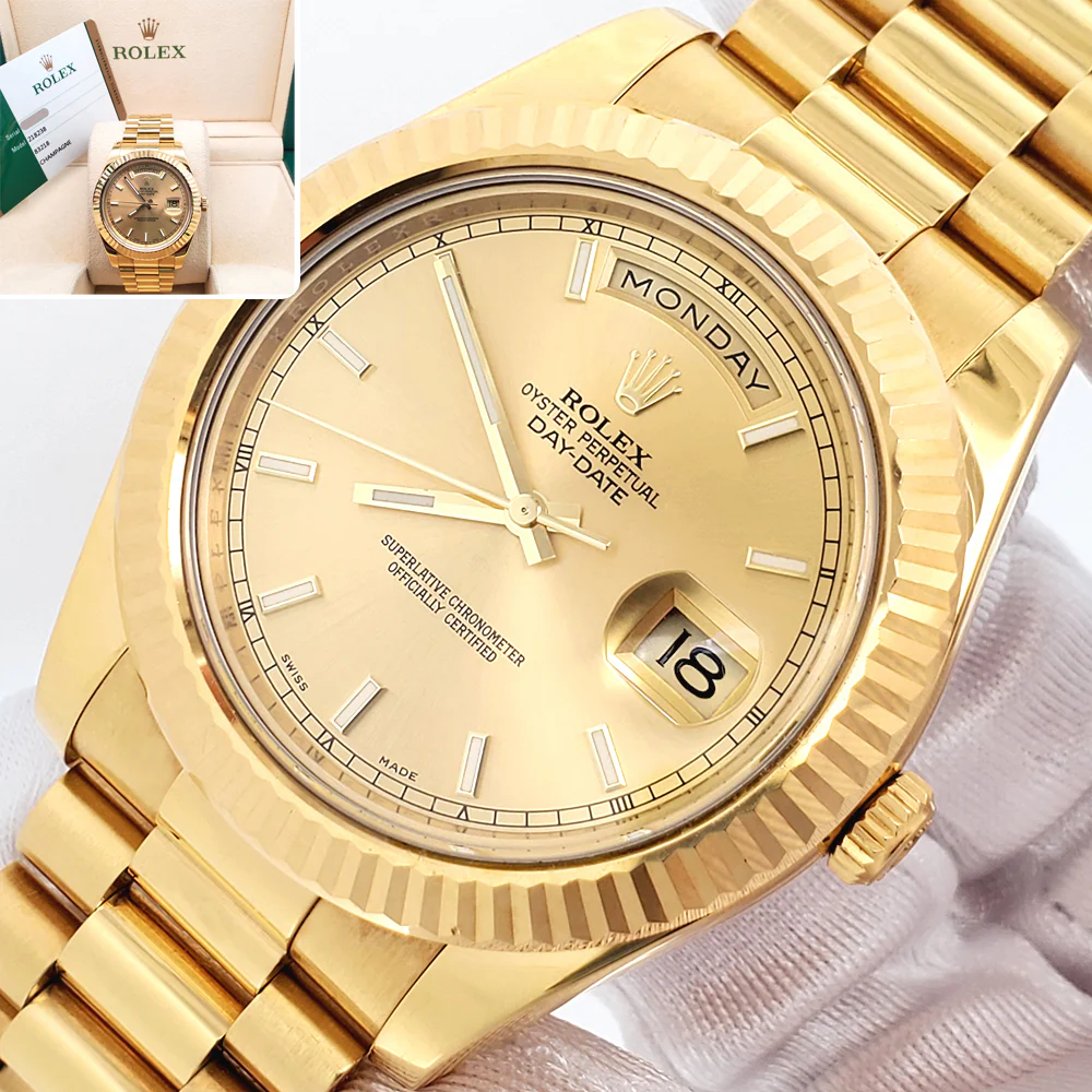 Rolex President Day-Date II 41mm Champagne Index Yellow Gold Watch 218238 Box Papers
