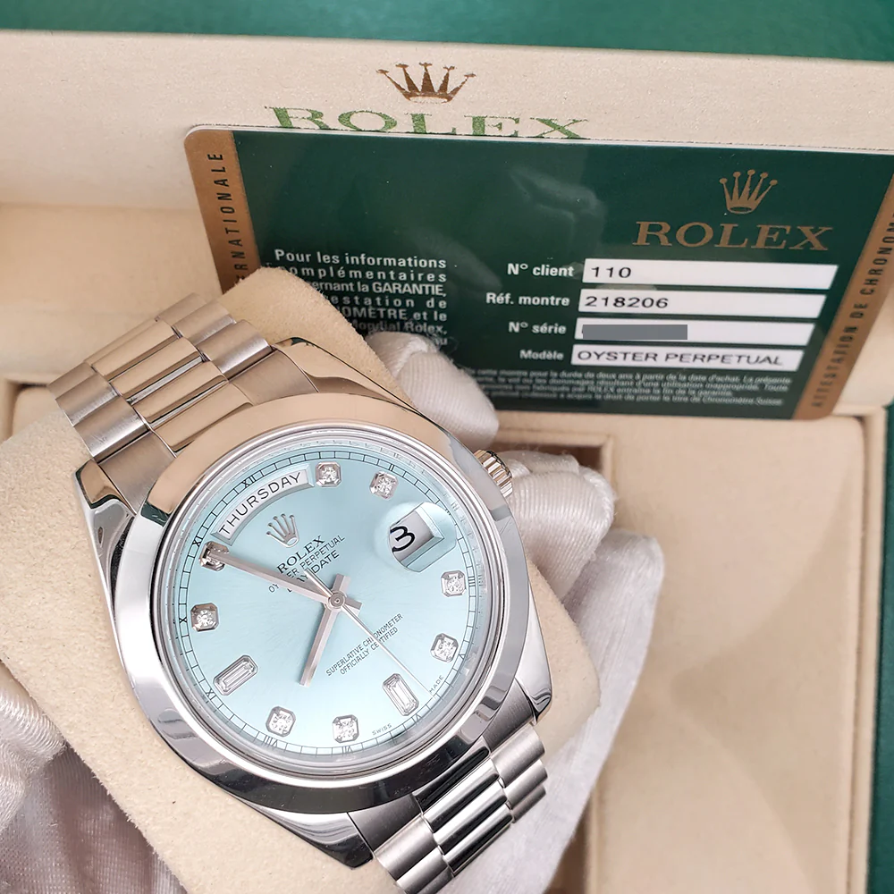 Rolex President Day-Date II 41mm Factory Ice Blue Diamond Dial Platinum Watch 218206 Box Papers - Image 3