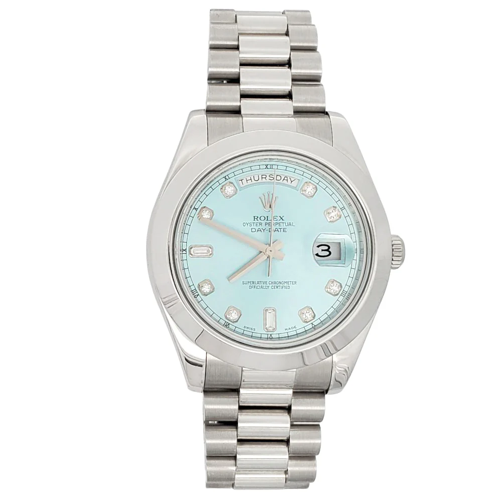 Rolex President Day-Date II 41mm Factory Ice Blue Diamond Dial Platinum Watch 218206 Box Papers - Image 4