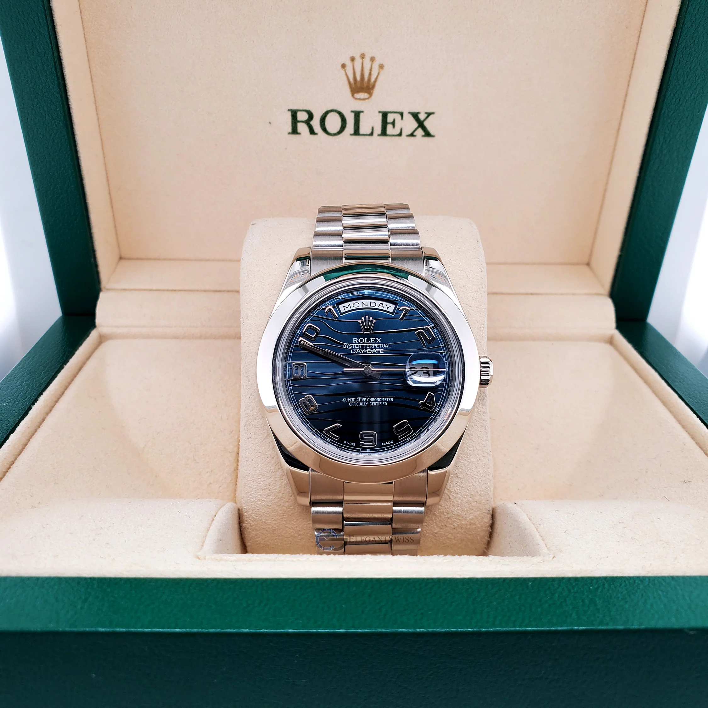 Rolex President Day-Date II 41mm Platinum Blue Wave Arabic Dial 218206 Box Papers - Image 2