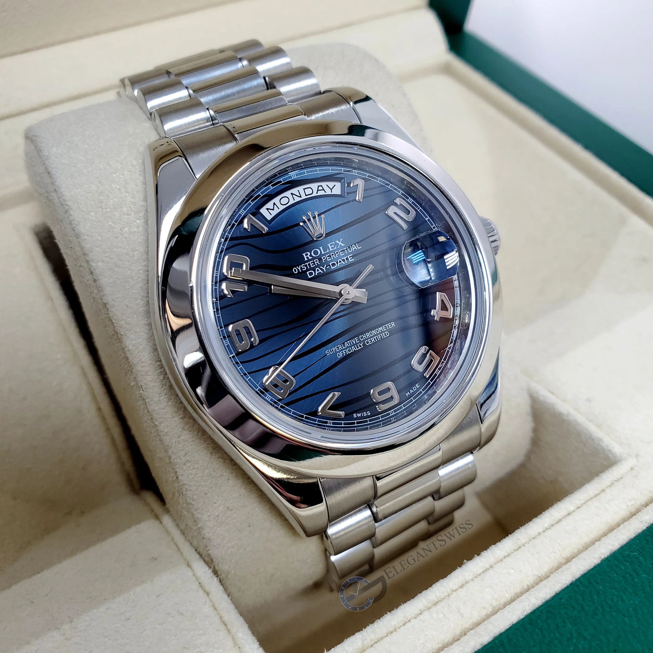 Rolex President Day-Date II 41mm Platinum Blue Wave Arabic Dial 218206 Box Papers - Image 3