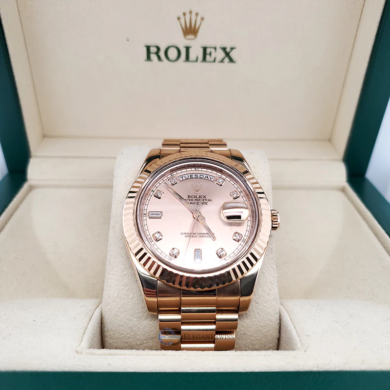 Rolex President Day-Date II 41mm Rose Gold Fluted Bezel/Rose Pink Diamond Dial 218235 Watch Box Papers - Image 2