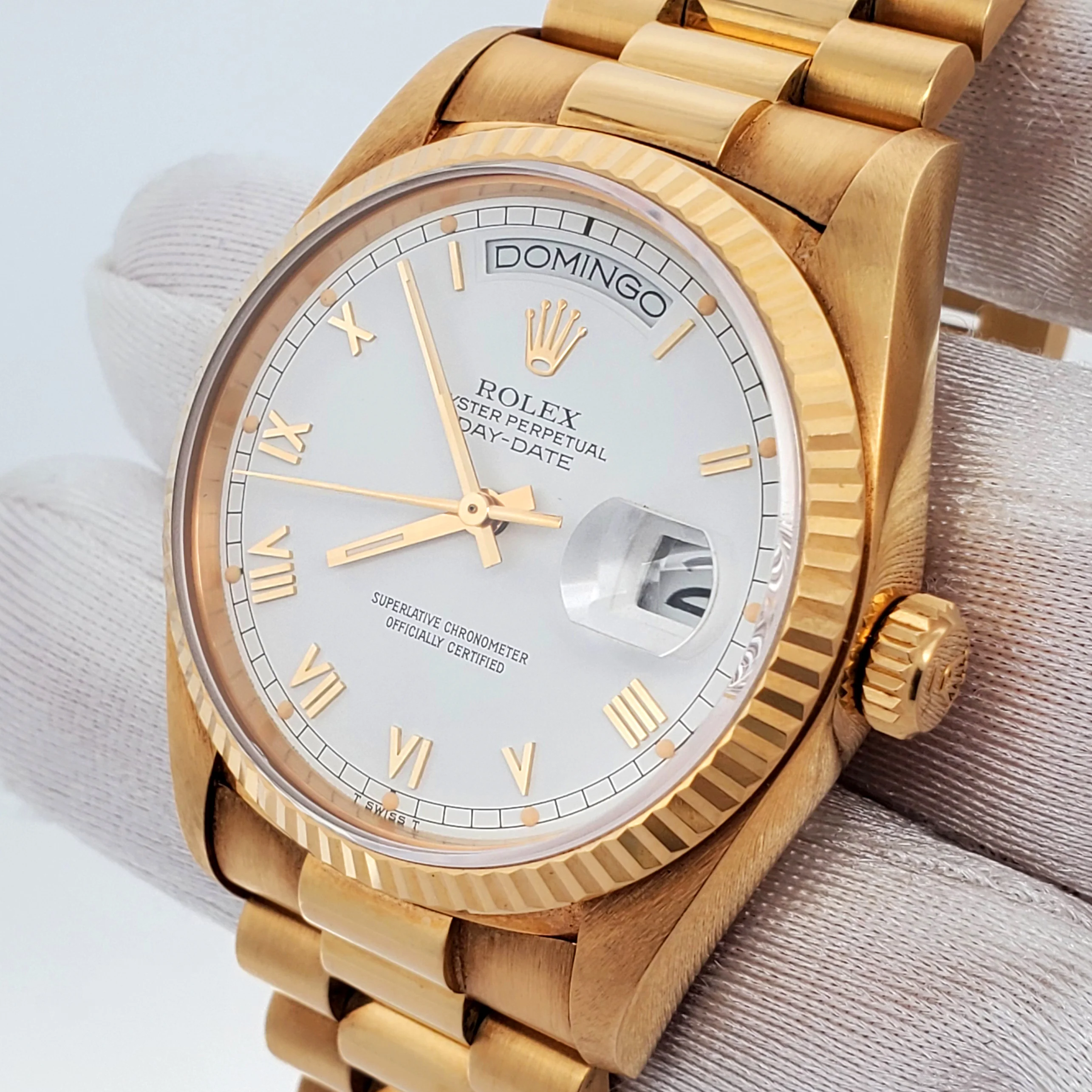 Rolex President Day-Date White Roman Spanish Day Yellow Gold Watch 18038