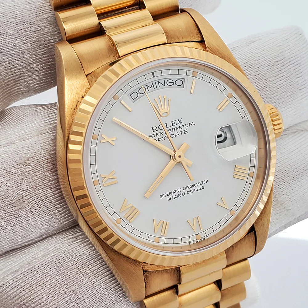 Rolex President Day-Date White Roman Spanish Day Yellow Gold Watch 18038 - Image 2