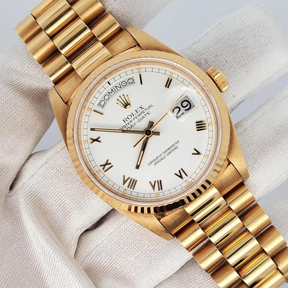 Rolex President Day-Date White Roman Spanish Day Yellow Gold Watch 18038 - Image 3
