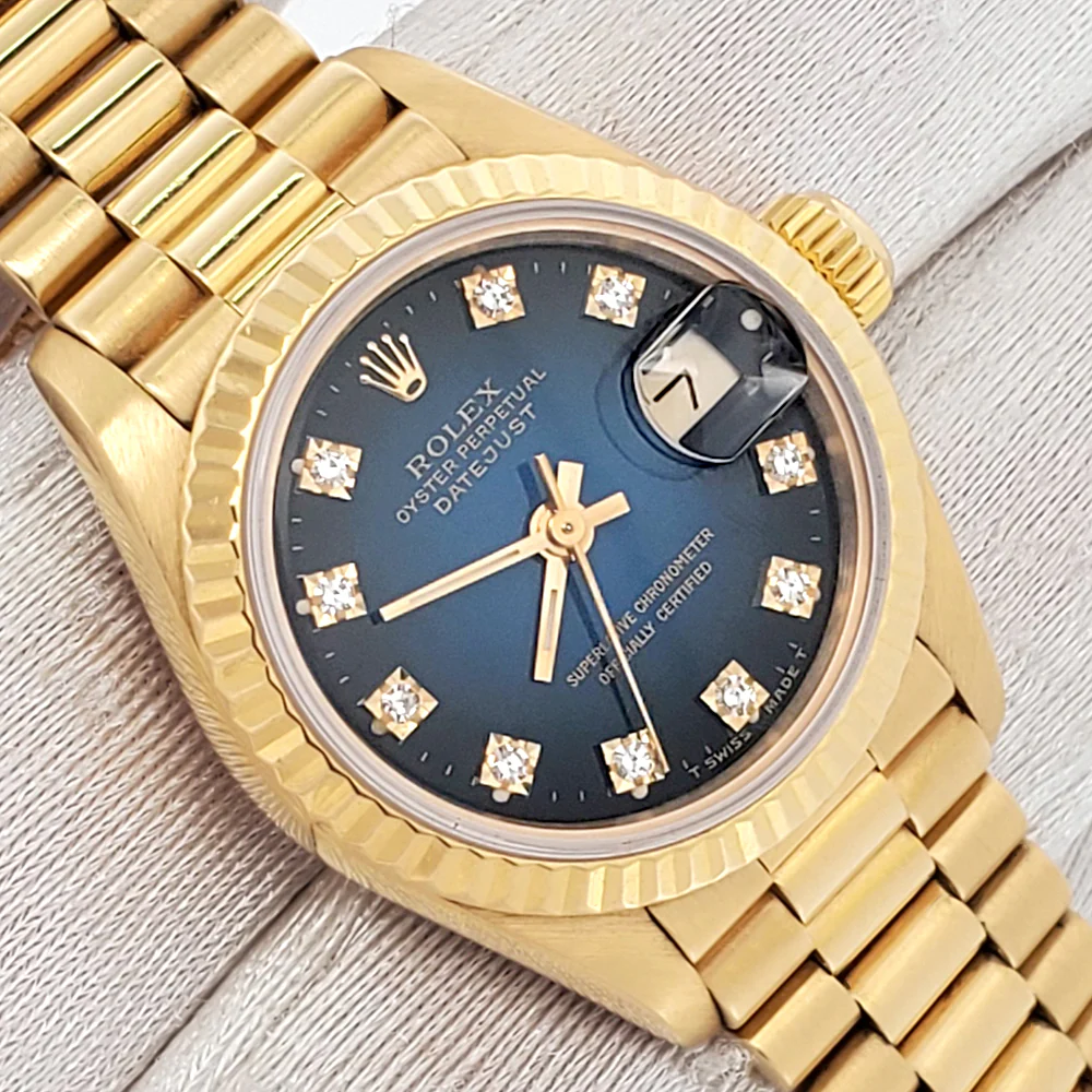 Rolex President Factory Blue Vignette Diamond Dial Yellow Gold Ladies 26mm Watch 69178 Box Papers - Image 2