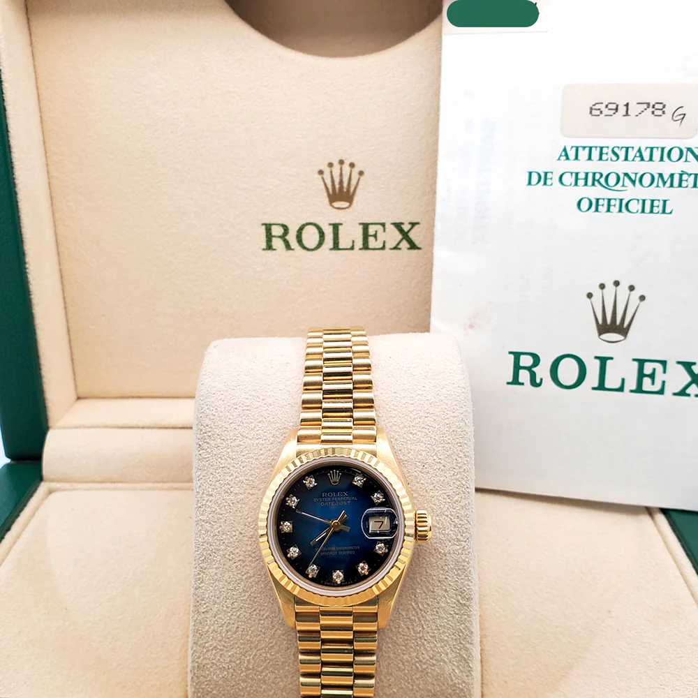 Rolex President Factory Blue Vignette Diamond Dial Yellow Gold Ladies 26mm Watch 69178 Box Papers - Image 3