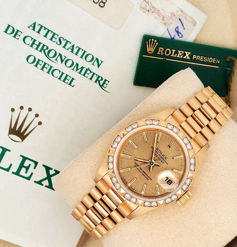 Rolex President Factory Pyramid Diamond Bezel Yellow Gold Datejust 26mm Watch 69258 Box Papers