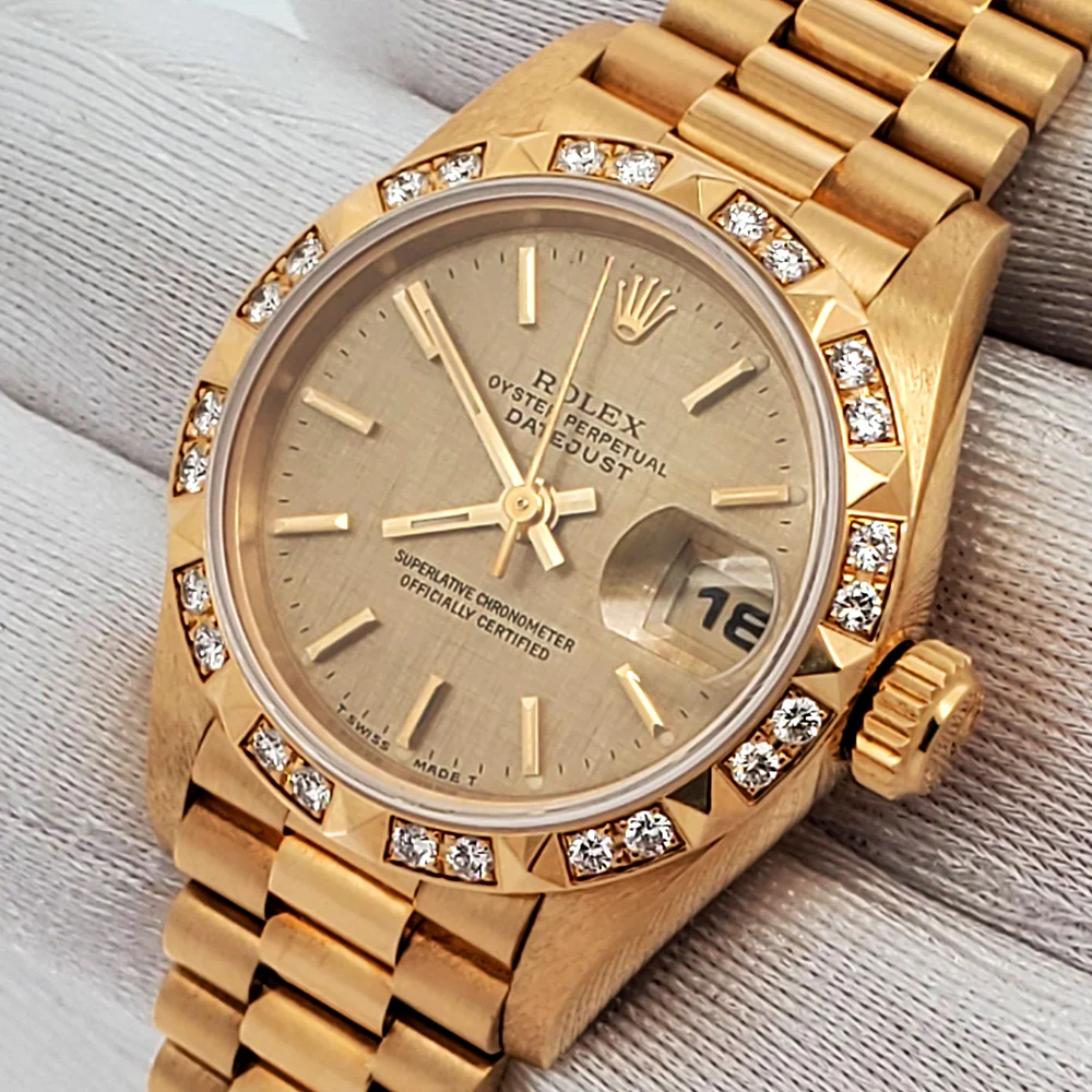 Rolex President Factory Pyramid Diamond Bezel Yellow Gold Datejust 26mm Watch 69258 Box Papers - Image 2