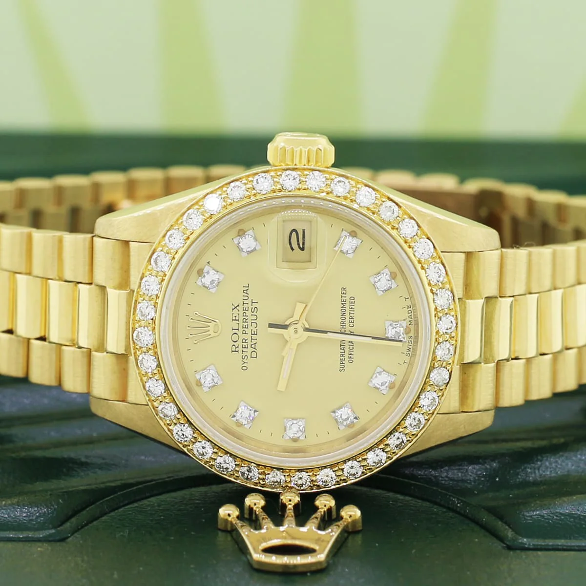 Rolex President Ladies 18K Yellow Gold 26MM Factory Champagne Diamond Dial Watch 69178 w/Custom Diamond Bezel - Image 2