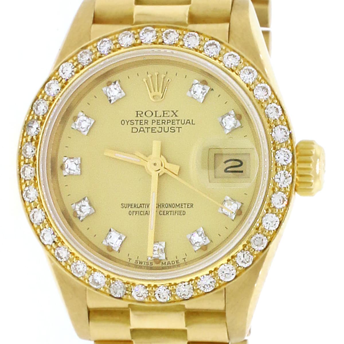 Rolex President Ladies 18K Yellow Gold 26MM Factory Champagne Diamond Dial Watch 69178 w/Custom Diamond Bezel - Image 3