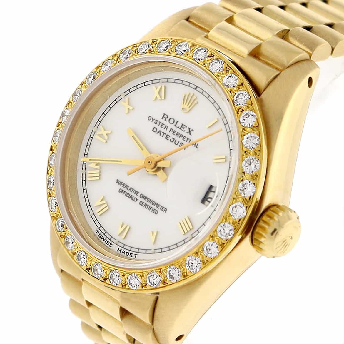 Rolex President Ladies 18K Yellow Gold Original White Roman Dial 26MM Automatic Watch with Diamond Bezel - Image 7