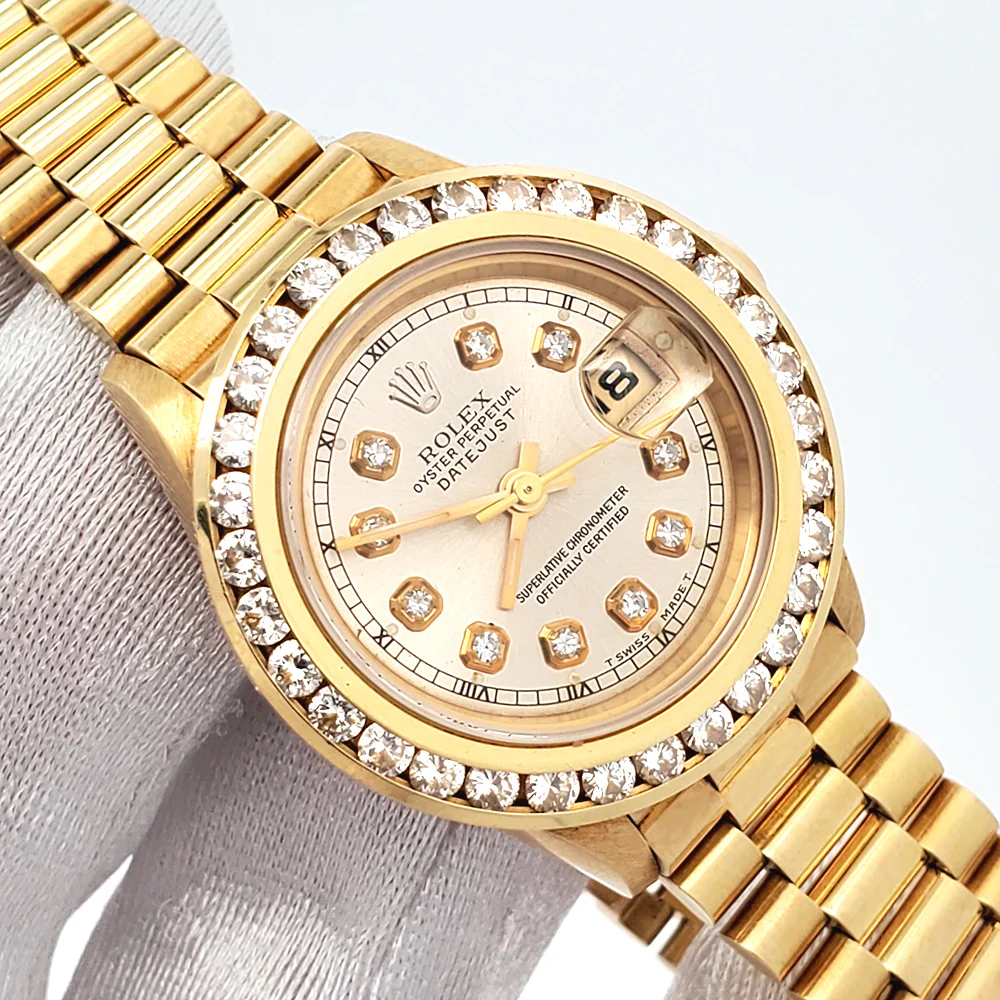 Rolex President Ladies 26mm Custom Silver Diamond Dial /Bezel Yellow Gold Watch 69178 Box Papers - Image 2