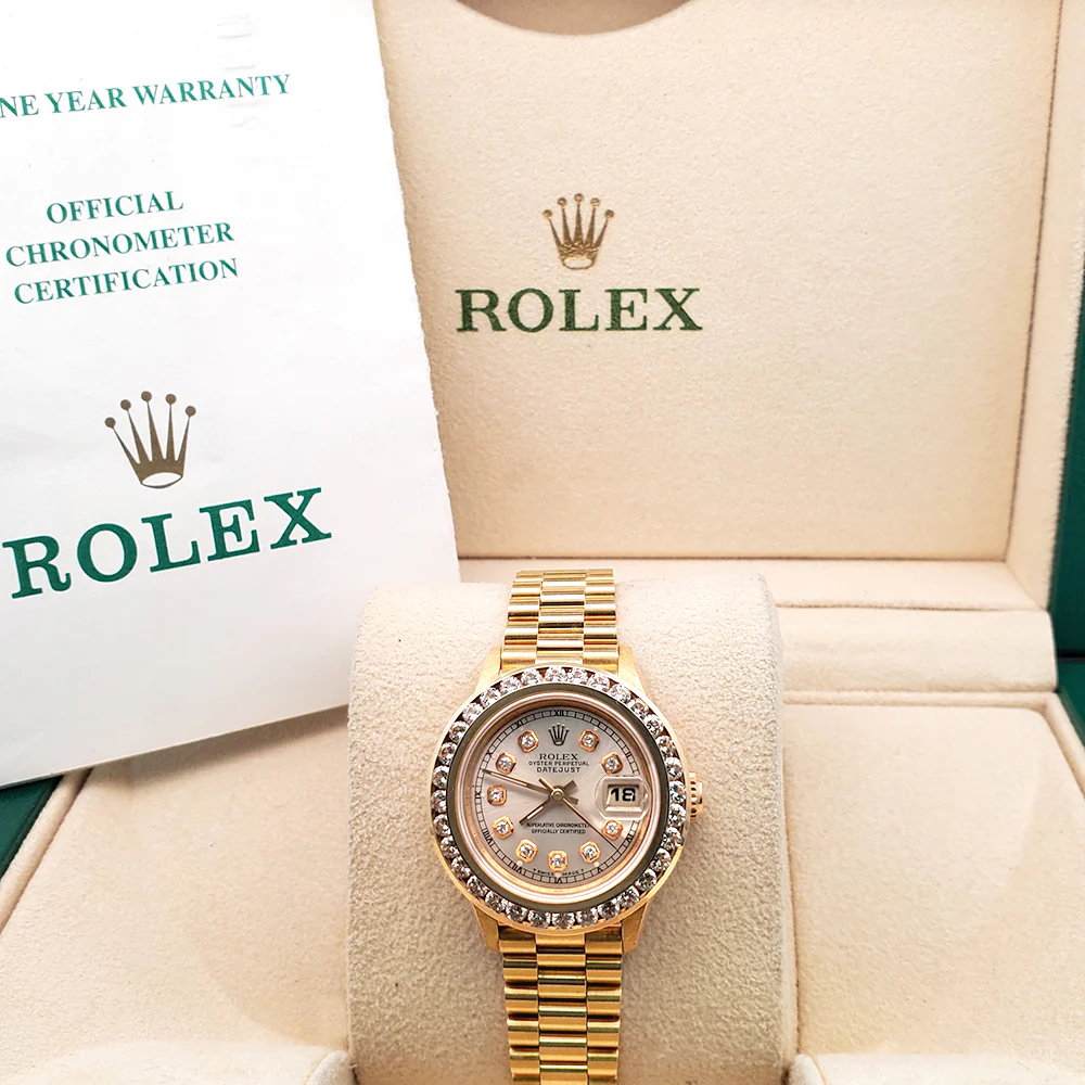 Rolex President Ladies 26mm Custom Silver Diamond Dial /Bezel Yellow Gold Watch 69178 Box Papers - Image 4