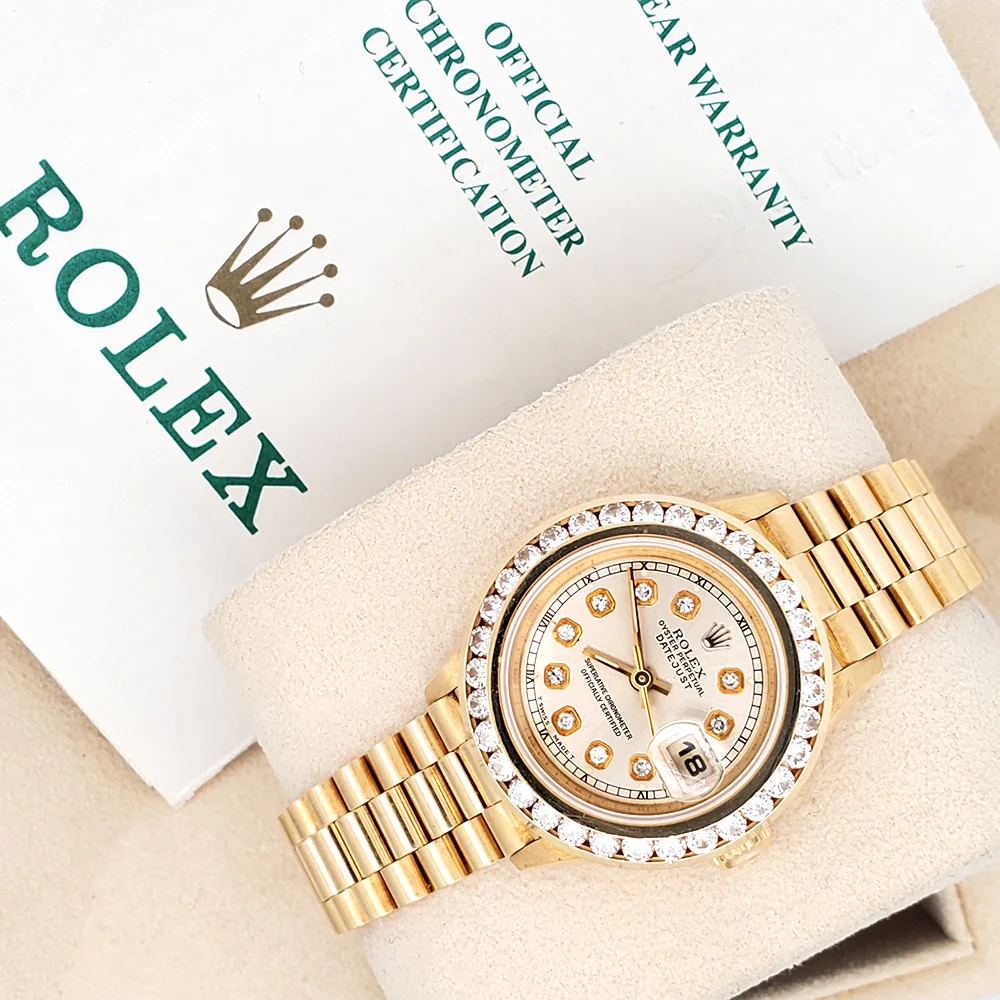Rolex President Ladies 26mm Custom Silver Diamond Dial /Bezel Yellow Gold Watch 69178 Box Papers - Image 5