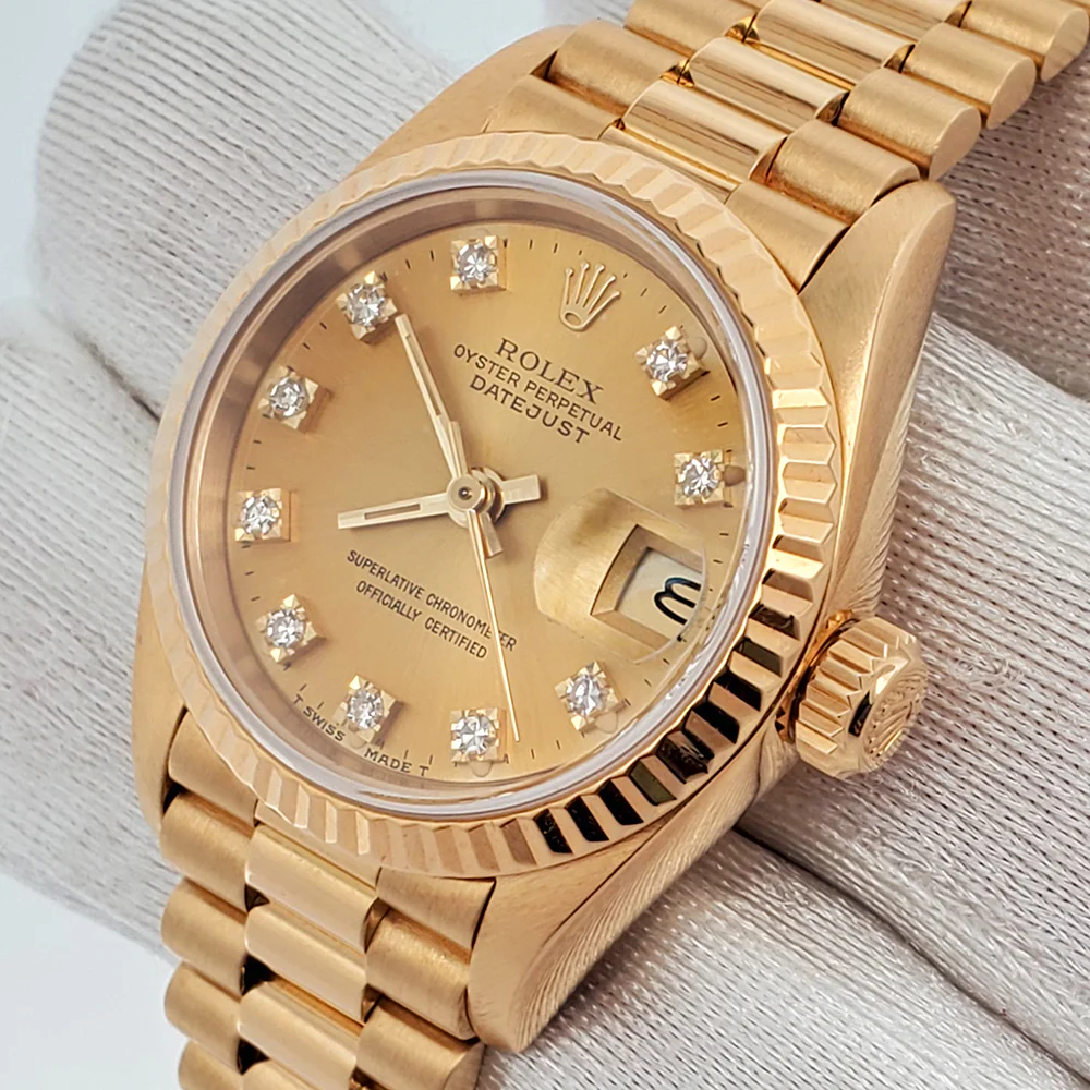 Rolex President Ladies 26mm Factory Champagne Diamond Dial Yellow Gold Watch 69178