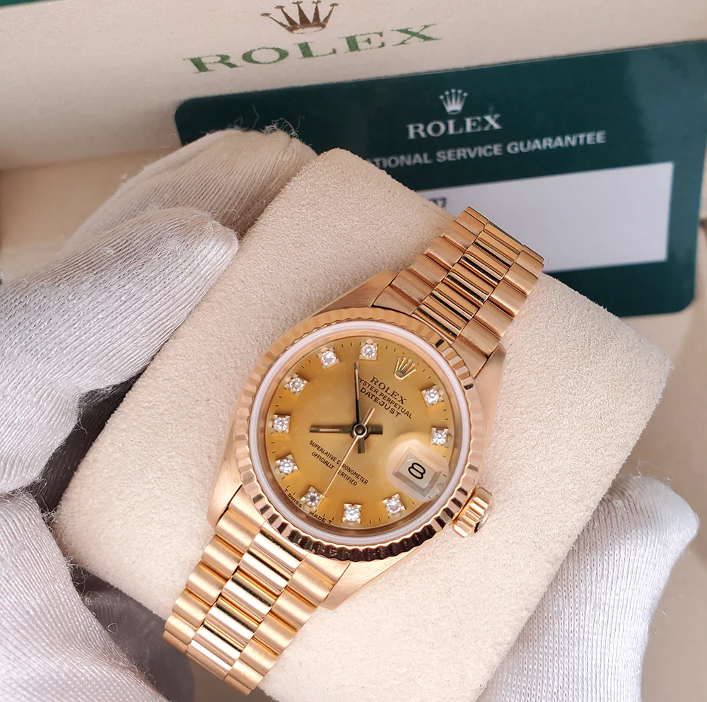 Rolex President Ladies 26mm Factory Champagne Diamond Dial Yellow Gold Watch 69178 - Image 3