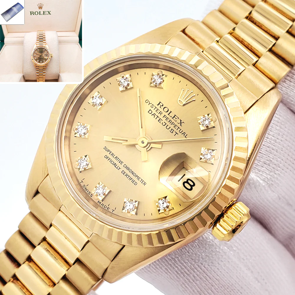 Rolex President Datejust Factory Champagne Diamond Dial Yellow Gold Ladies 26mm Watch 69178 Box/Apr