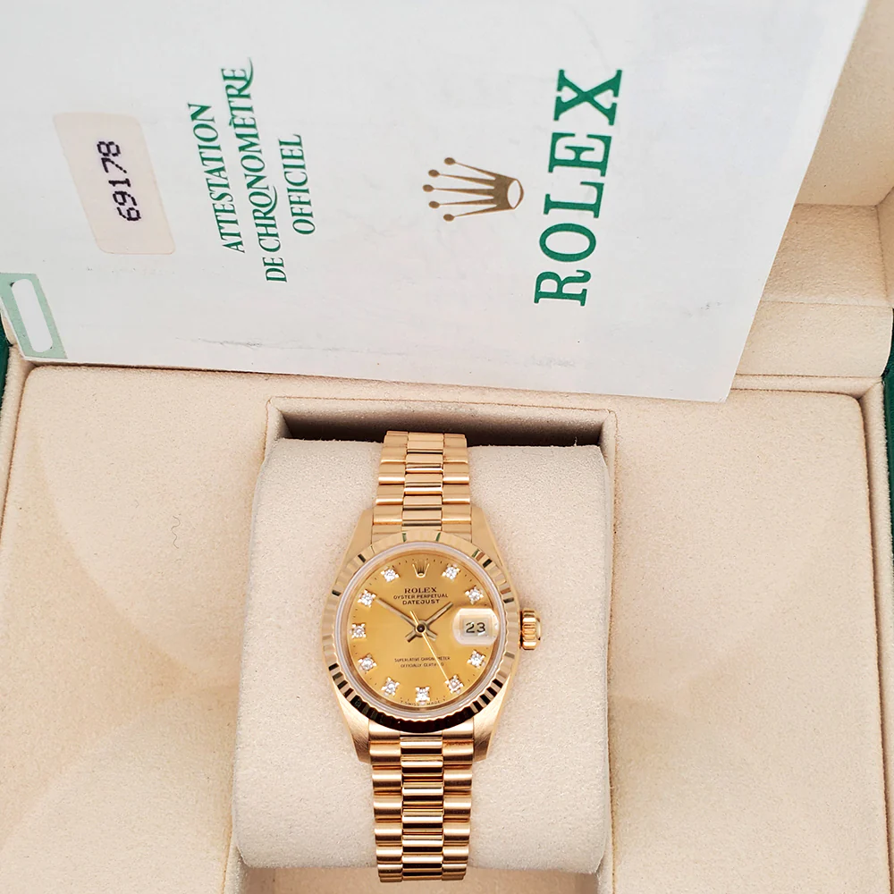 Rolex President Ladies 26mm Factory Champagne Diamond Dial Yellow Gold Watch 69178 Box Papers - Image 4