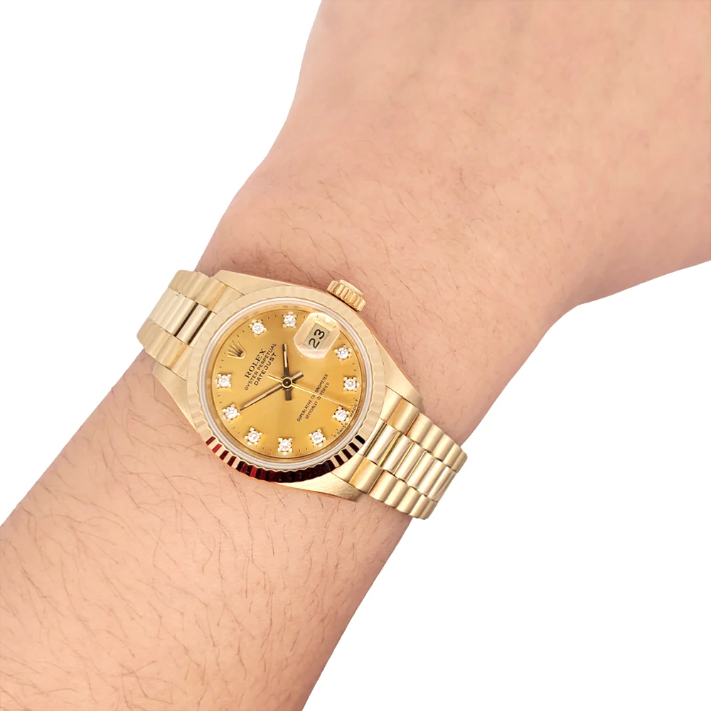 Rolex President Ladies 26mm Factory Champagne Diamond Dial Yellow Gold Watch 69178 Box Papers - Image 5