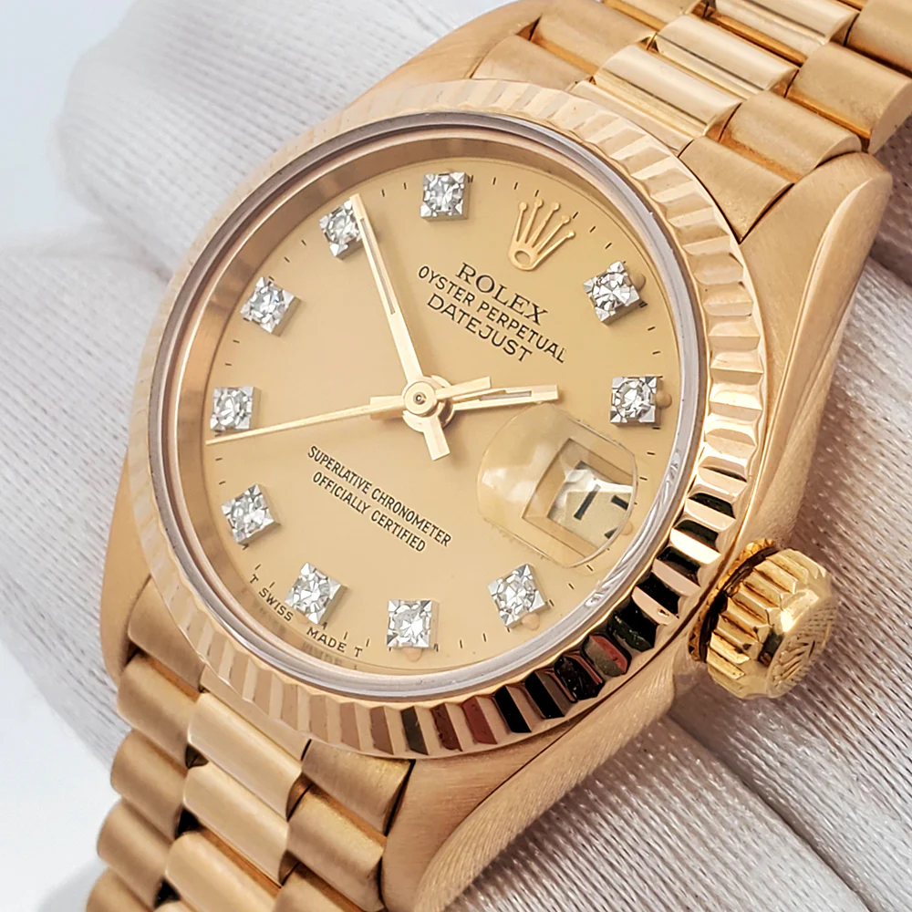 Rolex President Ladies 26mm Factory Champagne Diamond Dial Yellow Gold Watch 69178 Box Papers