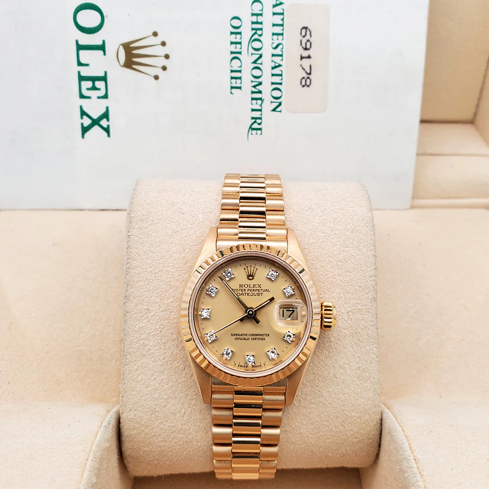Rolex President Ladies 26mm Factory Champagne Diamond Dial Yellow Gold Watch 69178 Box Papers - Image 3