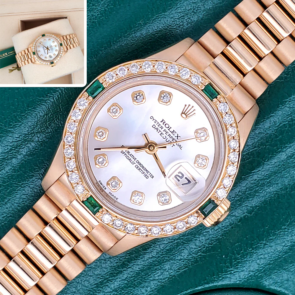 Rolex President Ladies 26mm Factory Diamond MOP Dial Yellow Gold Watch Custom Diamond Bezel 69178
