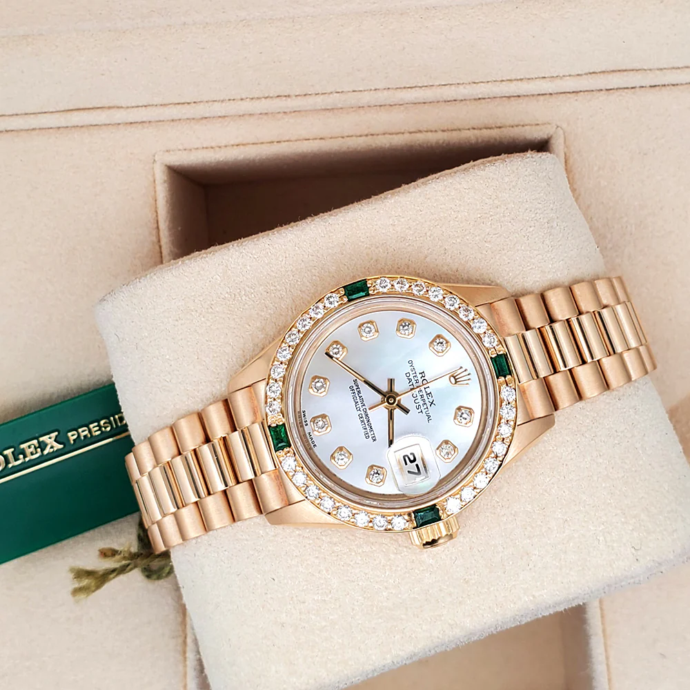 Rolex President Ladies 26mm Factory Diamond MOP Dial Yellow Gold Watch Custom Diamond Bezel 69178 - Image 2