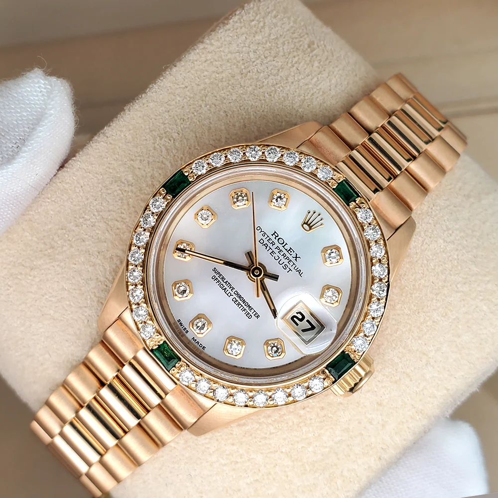 Rolex President Ladies 26mm Factory Diamond MOP Dial Yellow Gold Watch Custom Diamond Bezel 69178 - Image 3