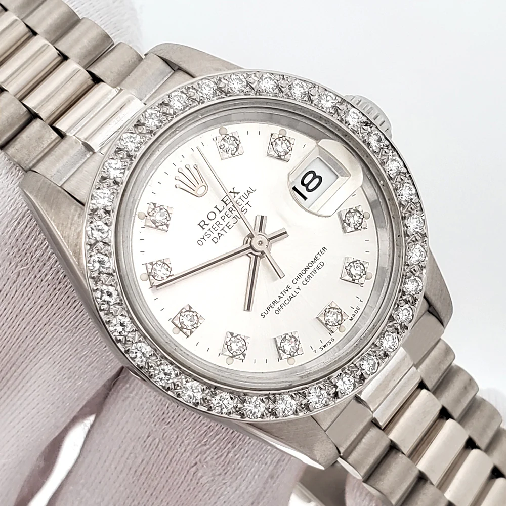 Rolex President Ladies 26mm Factory Silver Diamond Dial/Custom Bezel White Gold Watch 69179 Box/Apr - Image 2
