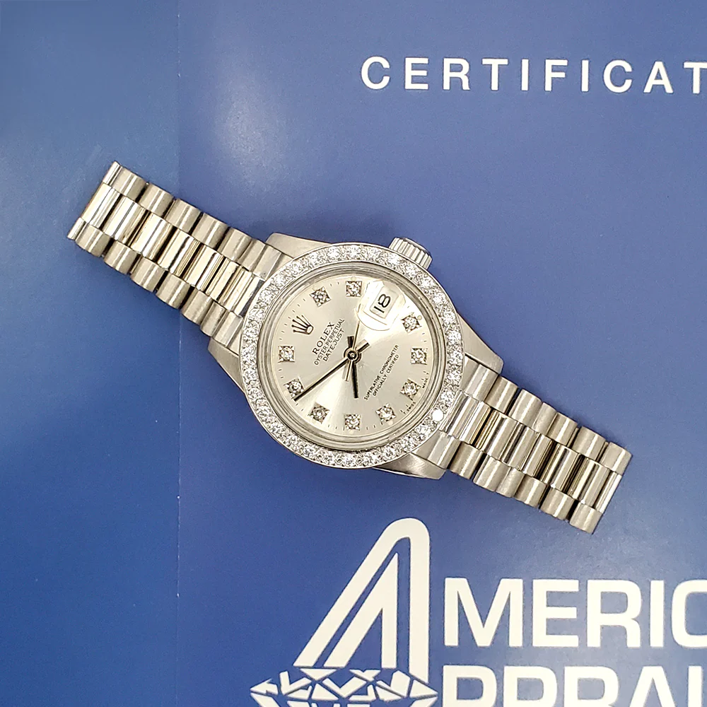 Rolex President Ladies 26mm Factory Silver Diamond Dial/Custom Bezel White Gold Watch 69179 Box/Apr - Image 3