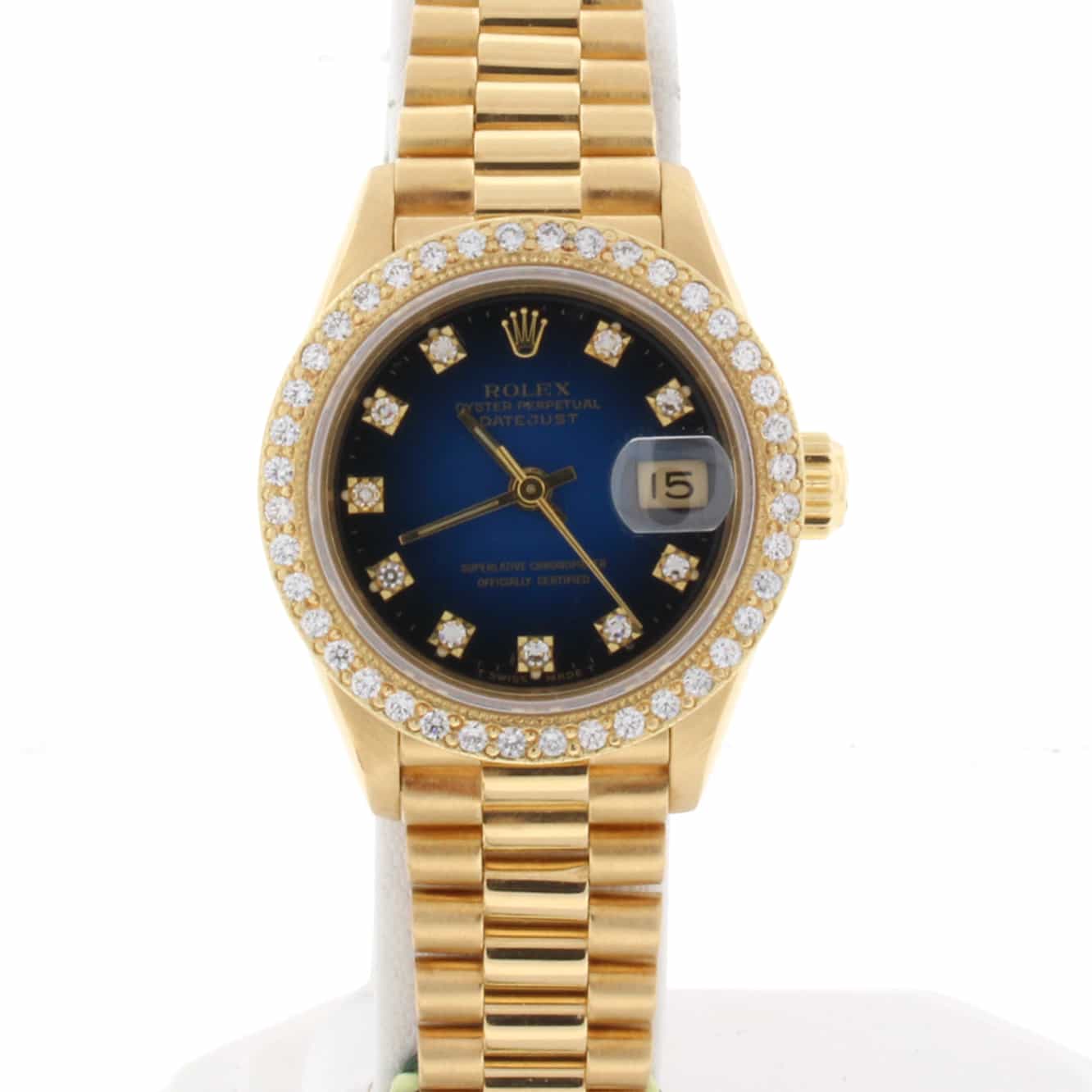 Rolex President Ladies Blue Diamond Dial 18K Yellow Gold 26MM Automatic Watch w/Diamond Bezel 69178