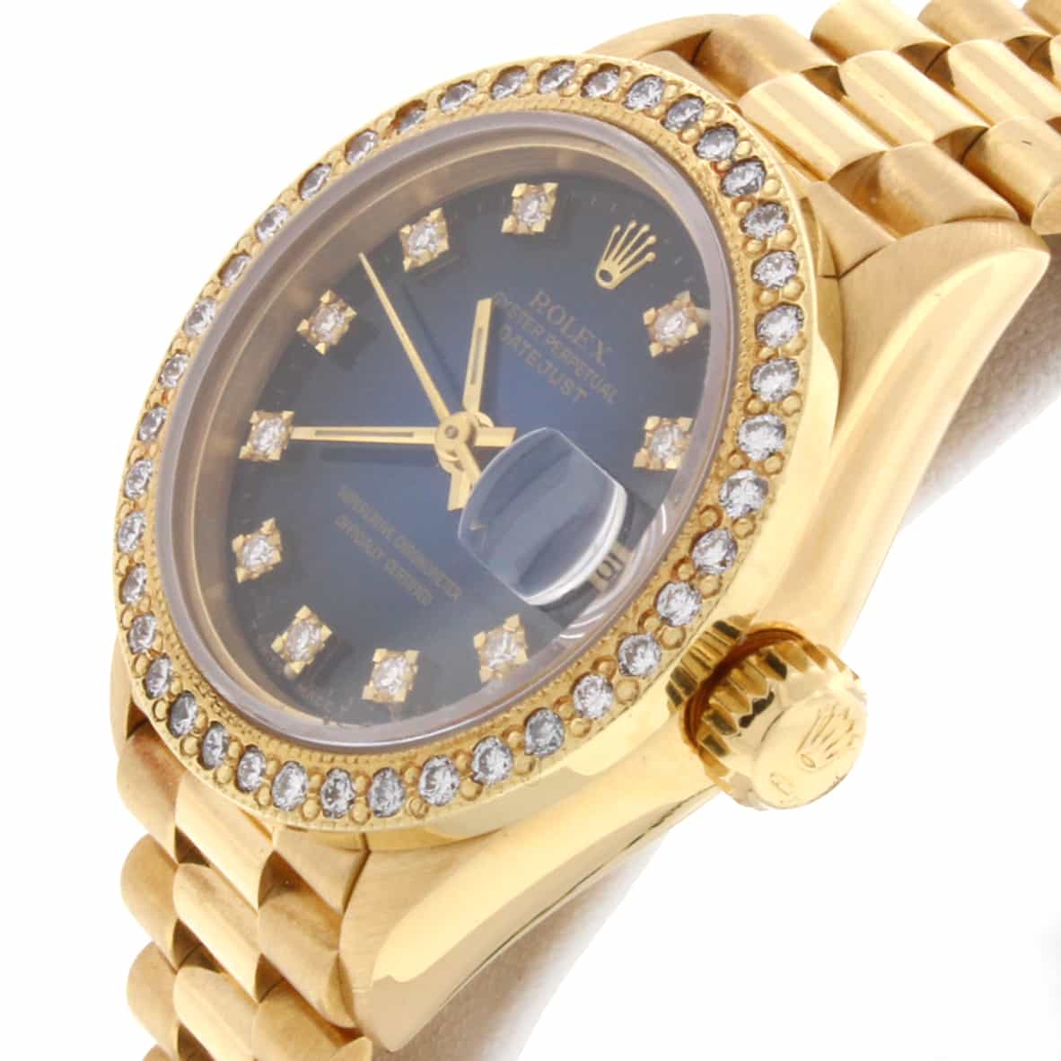 Rolex President Ladies Blue Diamond Dial 18K Yellow Gold 26MM Automatic Watch w/Diamond Bezel 69178 - Image 6