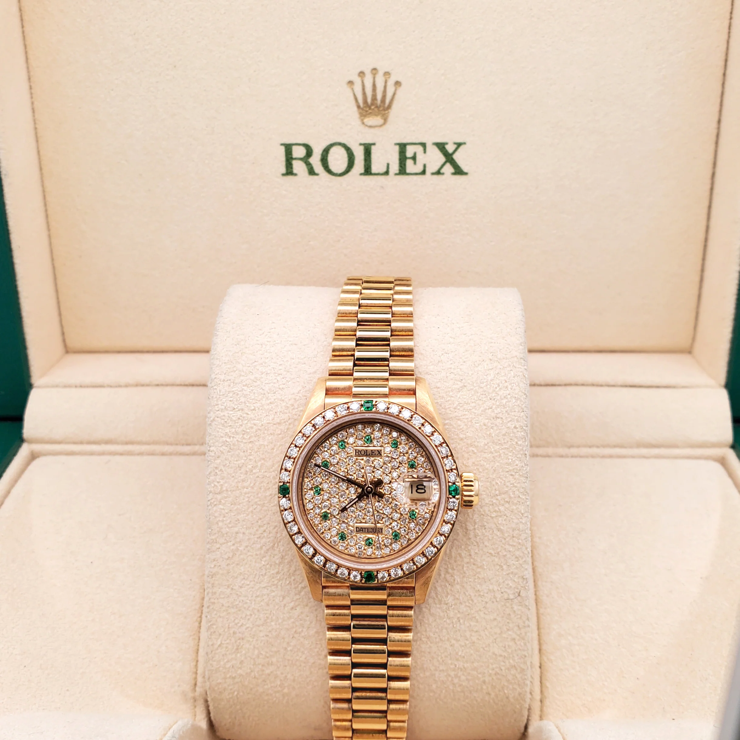 Rolex President Ladies Custom Diamond Emerald Pave Dial/Bezel Yellow Gold Watch 26mm 69178 - Image 3