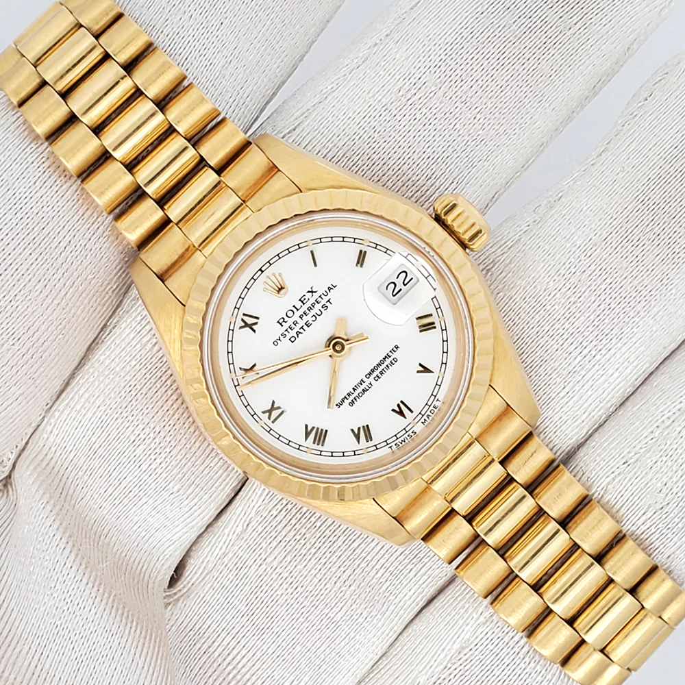 Rolex President Ladies Datejust 26mm White Roman Yellow Gold Watch 69178 - Image 3