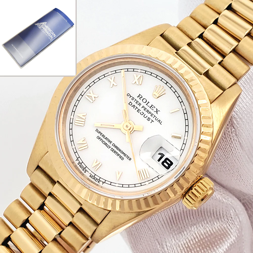 Rolex President Ladies Datejust 26mm White Roman Yellow Gold Watch 69178