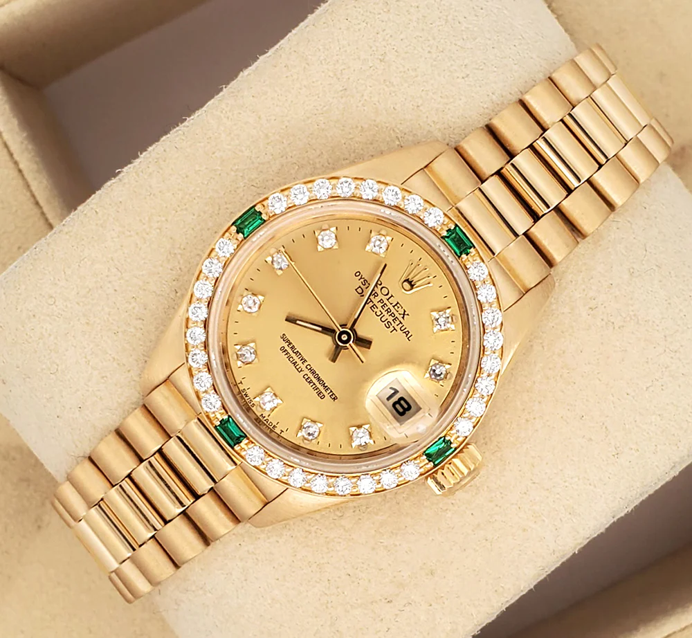 Rolex President Lady-Datejust 26mm Factory Diamond Dial/Emerald Bezel Yellow Gold Watch 69078