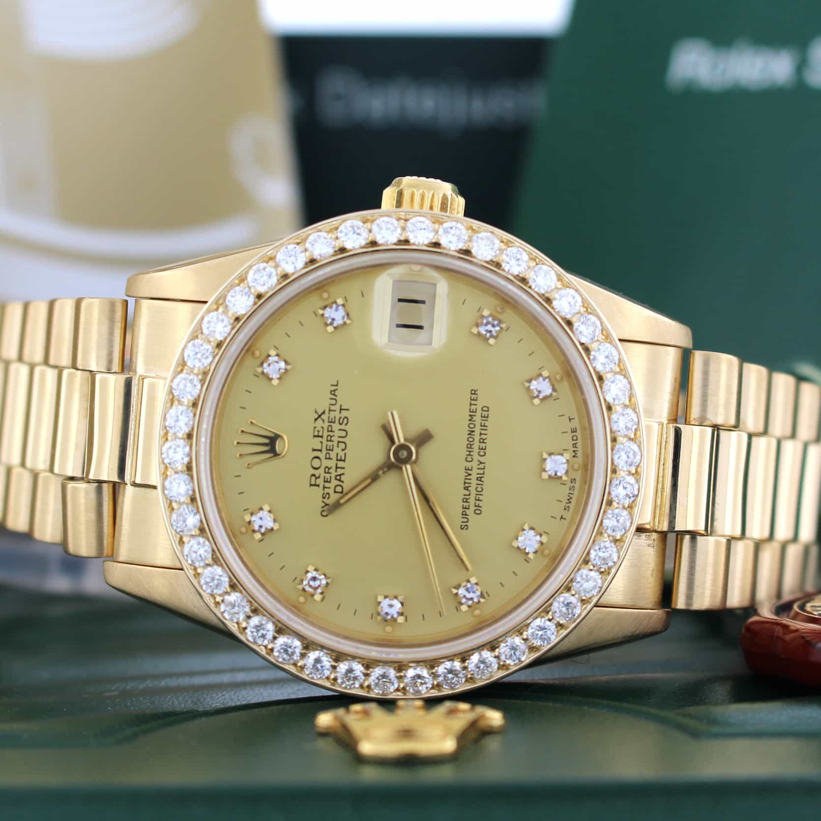 Rolex President Midsize 18K Yellow Gold Diamond Dial 31MM Automatic Diamond Bezel Watch 68278 - Image 2