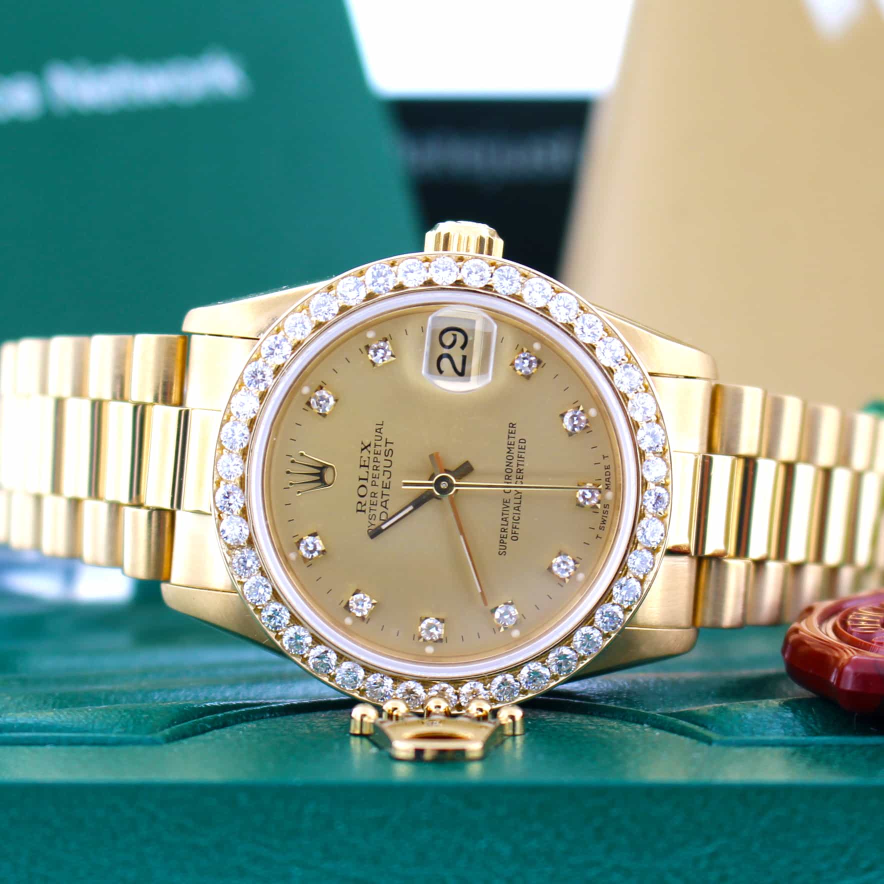 Rolex President Midsize 18K Yellow Gold Factory Diamond Dial 31MM Automatic Watch w/Diamond Bezel 68278 - Image 2