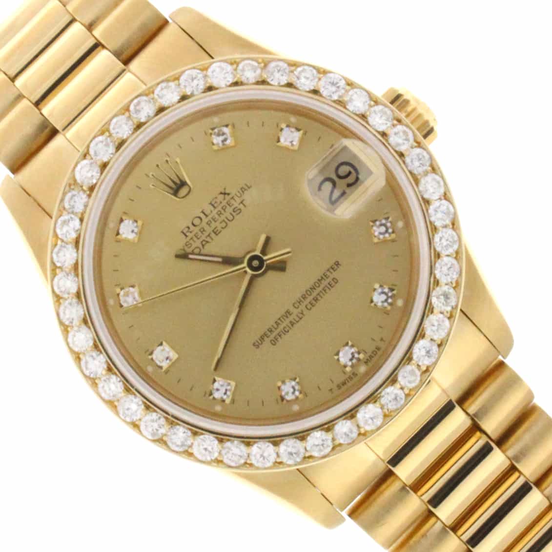 Rolex President Midsize 18K Yellow Gold Factory Diamond Dial 31MM Automatic Watch w/Diamond Bezel 68278 - Image 3