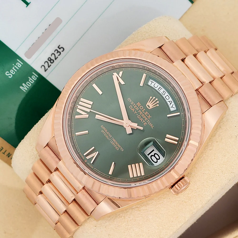 Rolex President Rose Gold Day-Date 40mm Olive Green Bevelled Roman Dial 228235 Watch Box Papers