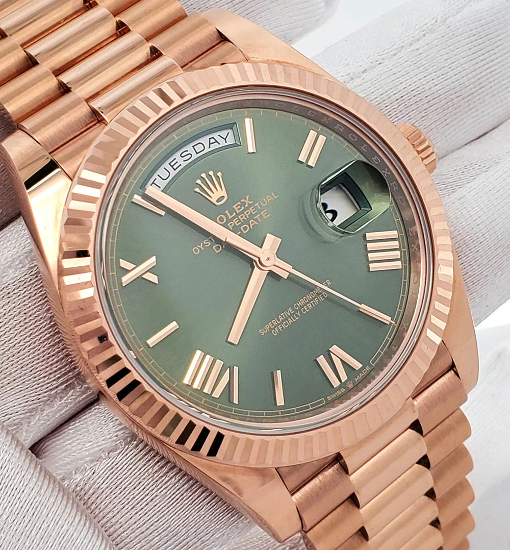 Rolex President Rose Gold Day-Date 40mm Olive Green Bevelled Roman Dial 228235 Watch Box Papers - Image 3