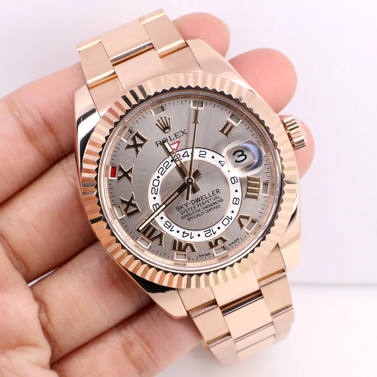 Rolex Sky-Dweller 42mm 18K Rose Gold Watch with Sundust Roman Dial 326935 Box Papers - Image 3