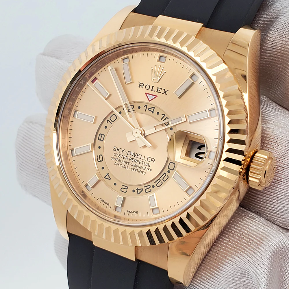 Rolex Sky-Dweller 42mm 326238 Champagne Dial Oysterflex Strap Yellow Gold Watch 2022 Box Papers