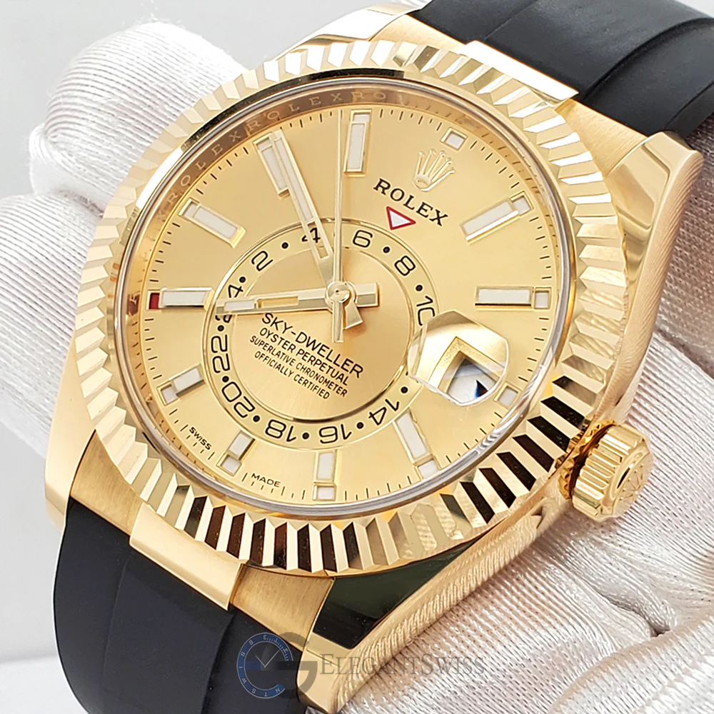 Rolex Sky-Dweller 42mm 326238 Champagne Dial Oysterflex Strap Yellow Gold Watch 2022 Box Papers