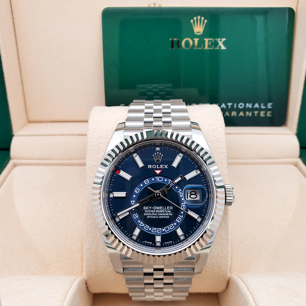 Rolex Sky-Dweller 42mm 326934 Blue Dial White Gold Fluted Bezel Steel Watch 2022 Box Papers