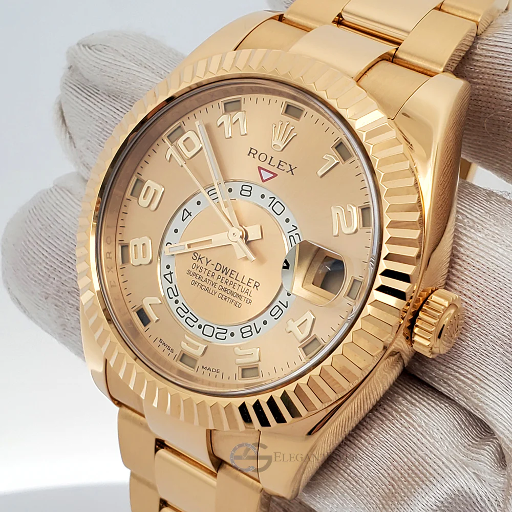 Rolex Sky-Dweller 42mm 326938 Champagne Sunray Arabic Dial Yellow Gold Watch Box Papers