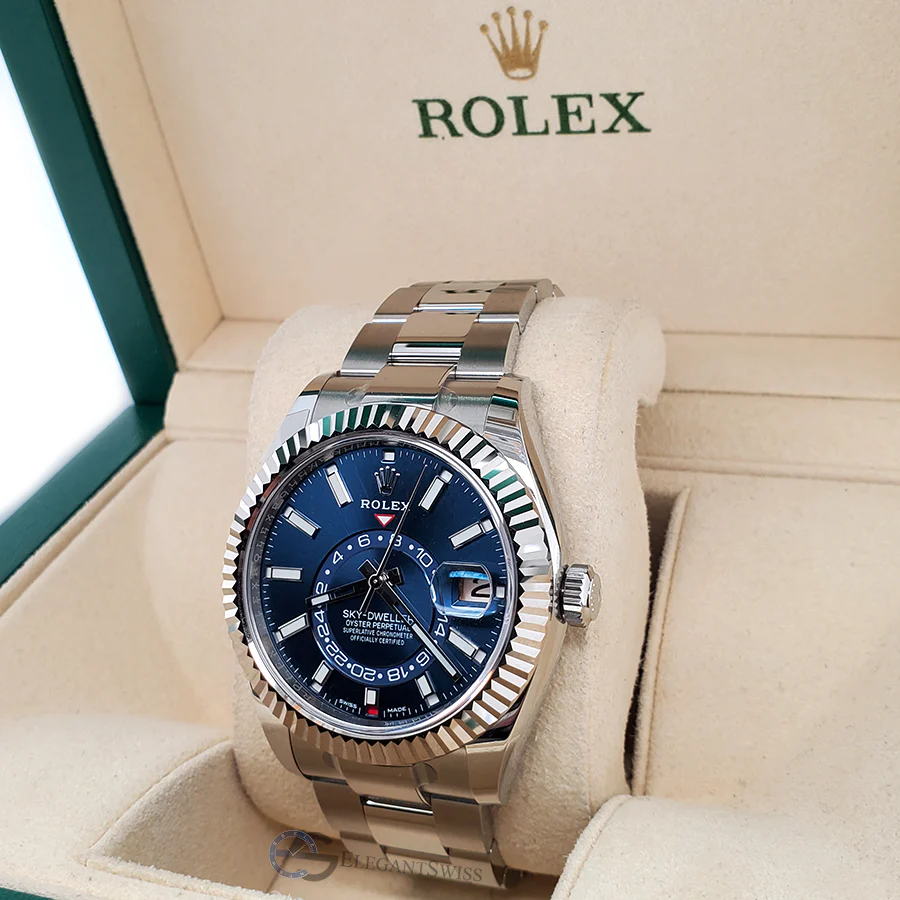 Unworn Rolex Sky-Dweller 42mm White Gold Bezel Blue Dial Stainless Steel Watch 326934 Box Papers - Image 3