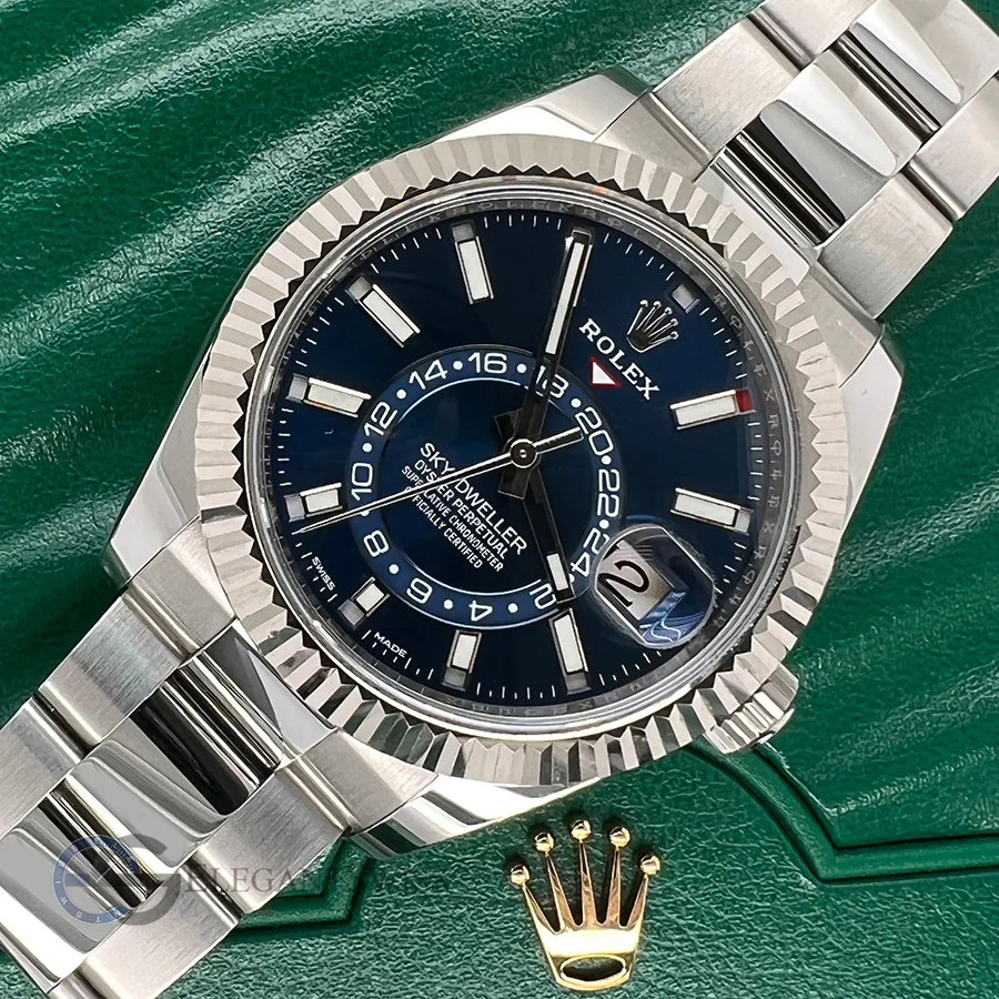 Rolex Sky-Dweller 42mm White Gold Fluted Bezel Blue Dial Steel Watch 326934 Box Papers