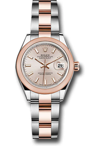 Rolex Steel and Everose Gold Rolesor Lady-Datejust 28 Watch - Domed Bezel - Sundust Index Dial - Oyster Bracelet - 279161 suio